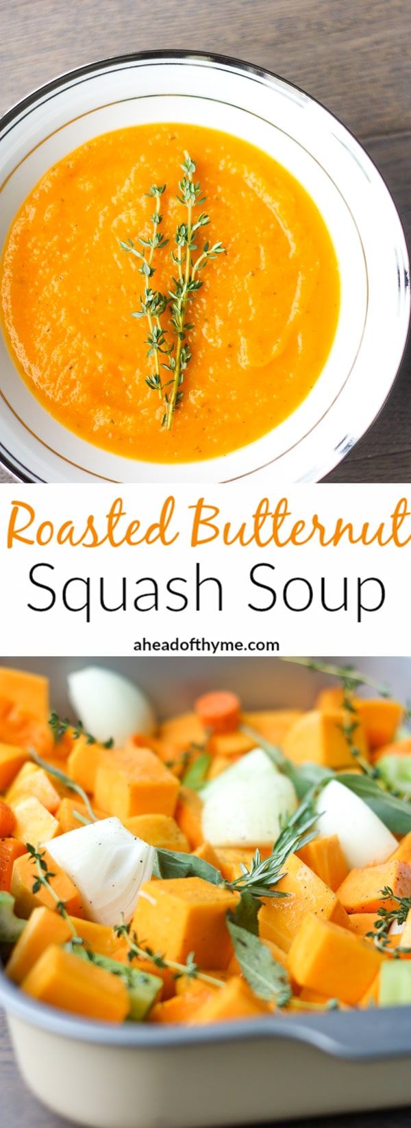 roasted butternut squash soup in a white bowl with fresh herbs on top and the title overlay reads roasted butternut squash soup