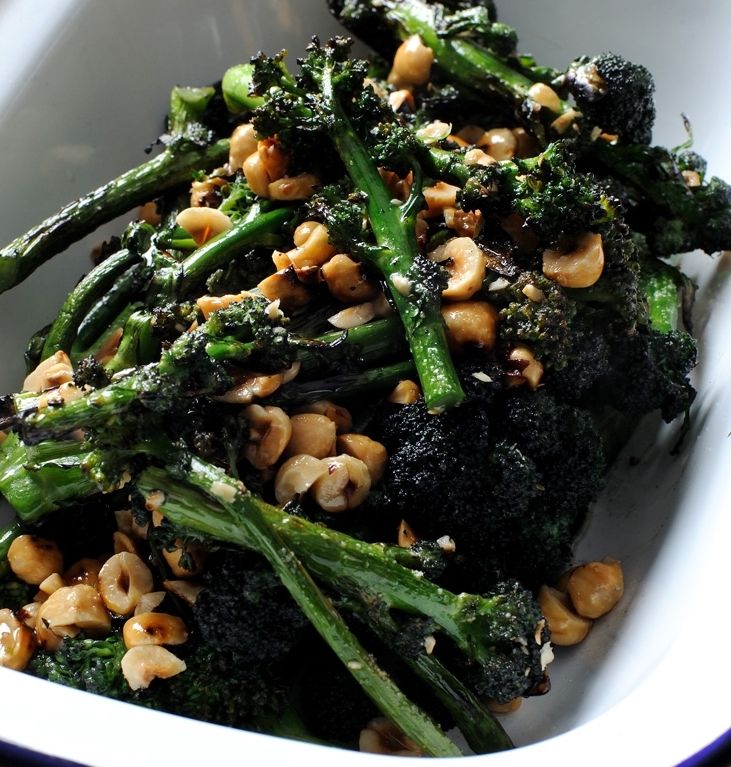 broccoli and cashews in a white bowl