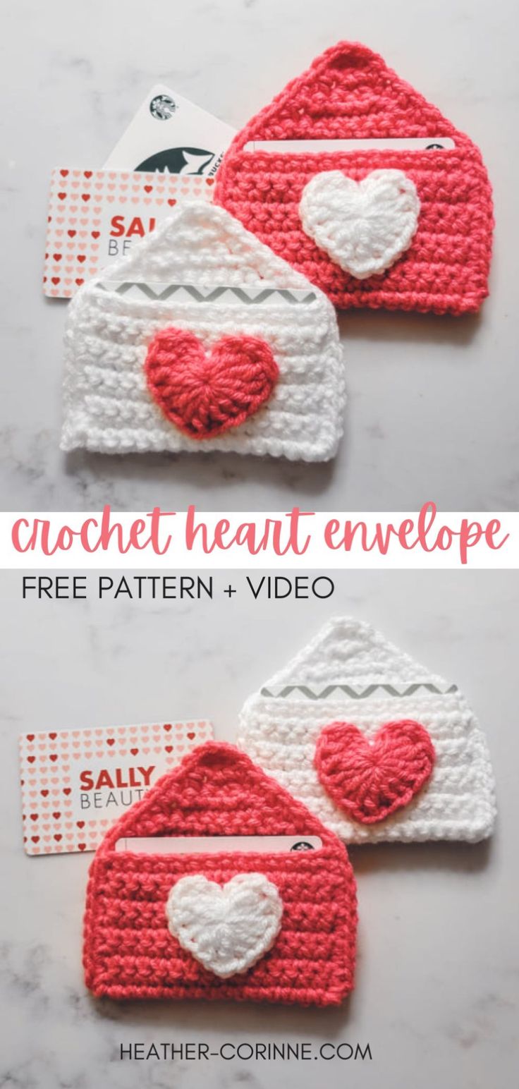 A Pinterest graphic for the Crochet Heart Envelope Free Pattern + Video; Two images of the Crochet Heart Envelope Gift Card Holders holding gift cards. Crochet Heart Gift Ideas, Valentines Day Free Crochet Patterns, Heart Box Crochet, Heart Envelope Crochet, Small Valentine Crochet, Valentines Crochet For Boyfriend, Easy Crochet Valentines, Beginner Valentine Crochet, Crochet Valentines For School