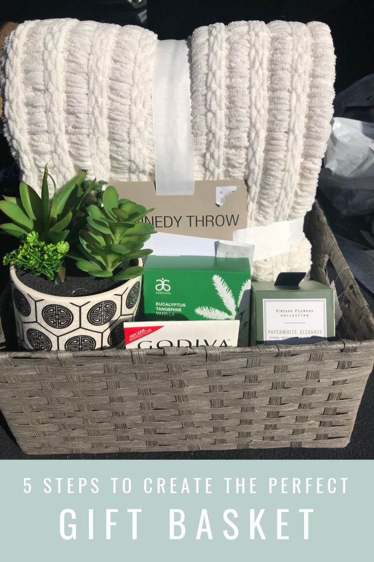 a basket with towels, soaps and other items in it that says 5 steps to create the perfect gift basket