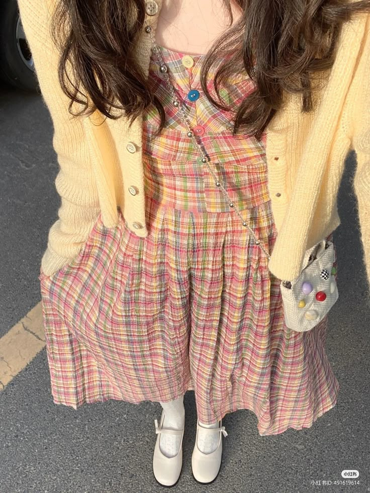 White Dress And Cardigan Outfit, Fitted Dress With Cardigan, Studio Ghibli Outfits, Ootd Yellow, Cardigan Outfit Aesthetic, Rok Outfit, Cardigan Outfits, St Mary, Really Cute Outfits