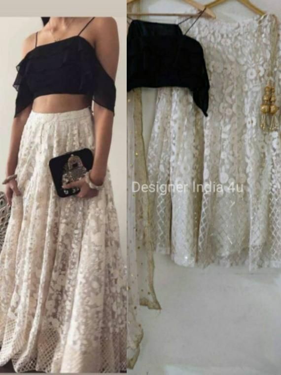 This is a made to order Lehenga Choli dupatta. I make it exclusively for my customers by using designer fabrics.I will only make it after you confirm your required size details.Handling time is what you will tell me, I will process it as per need and deliver by or before a delivery date you mention.The Lehenga is made with thread embroidered ivory net.Blouse is made with black Georgette fabric.Dupatta is in sequin net fabric. Dupatta is decorated with embroidery work all over as shown in the pic Lehenga Skirt With Crop Top, Indowestern Dresses For Women, Women Indian Outfits, Indowestern Dresses, Green Lehenga Choli, Party Wear For Women, Net Blouse, Indian Outfits Lehenga, Party Wear Lehenga Choli