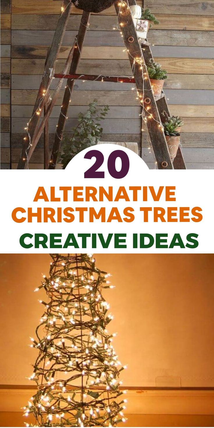 christmas tree with lights on it and the words, 20 alternative christmas trees creative ideas