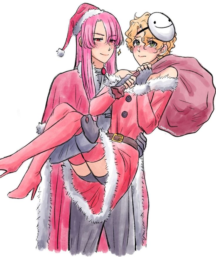 two anime characters dressed in costumes and holding each other