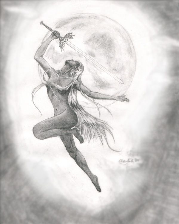 a pencil drawing of a woman holding a flower in her hand with the moon behind her