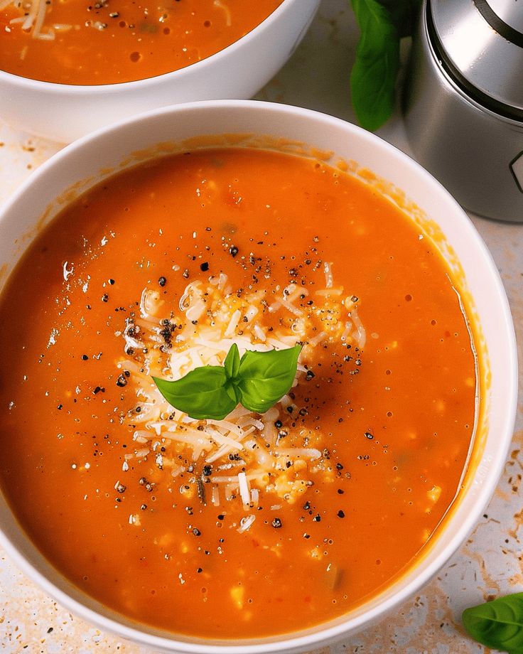 two bowls of tomato soup with cheese and basil garnished in parmesan