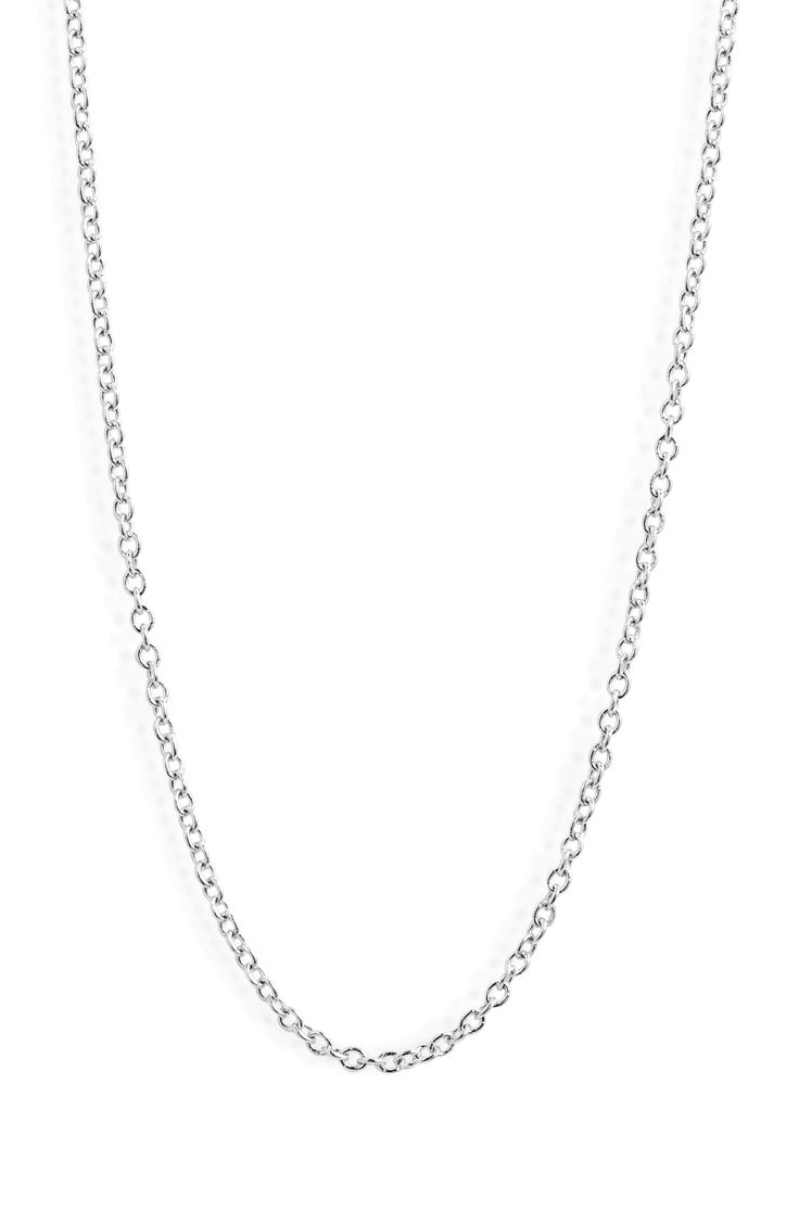 White 14-karat gold gives an icy look to this minimalist chain necklace. 17" length 14k gold Handmade in Canada Everyday White Gold Charm Necklace With Cable Chain, White Gold Sterling Silver Cable Chain Necklace, Everyday White Gold Cable Chain Necklace, White Gold Cable Chain Necklace For Everyday, Minimalist White Gold Charm Necklace, White Gold Cable Chain Necklace, Classic White Gold Necklace With Rolo Chain, Minimalist Necklace With Oval Link Cable Chain, Minimalist Sterling Silver Diamond Necklace With Cable Chain