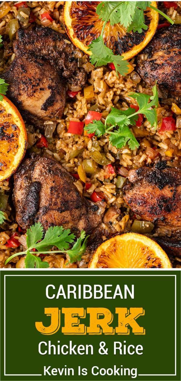 an image of chicken and rice with garnishes on the side text reads caribbean jerk chicken and rice keven is cooking