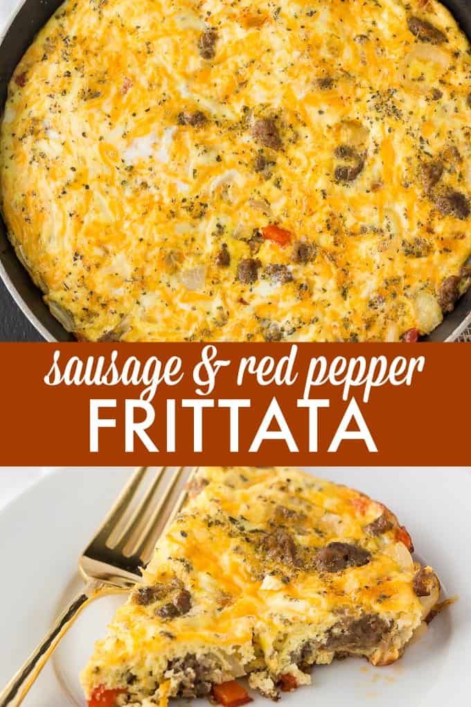 sausage and red pepper frittata in a skillet with a fork on the side