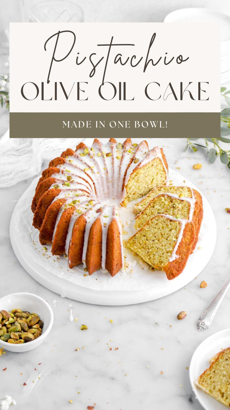 pistachio olive oil cake made in one bowl on a white plate with the title overlay