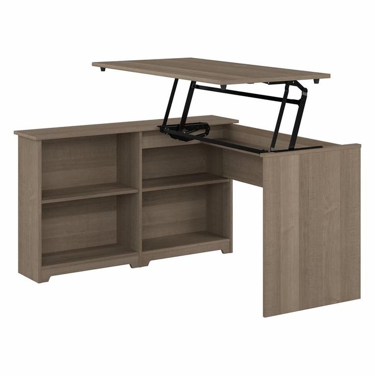 an office desk with a book shelf underneath it