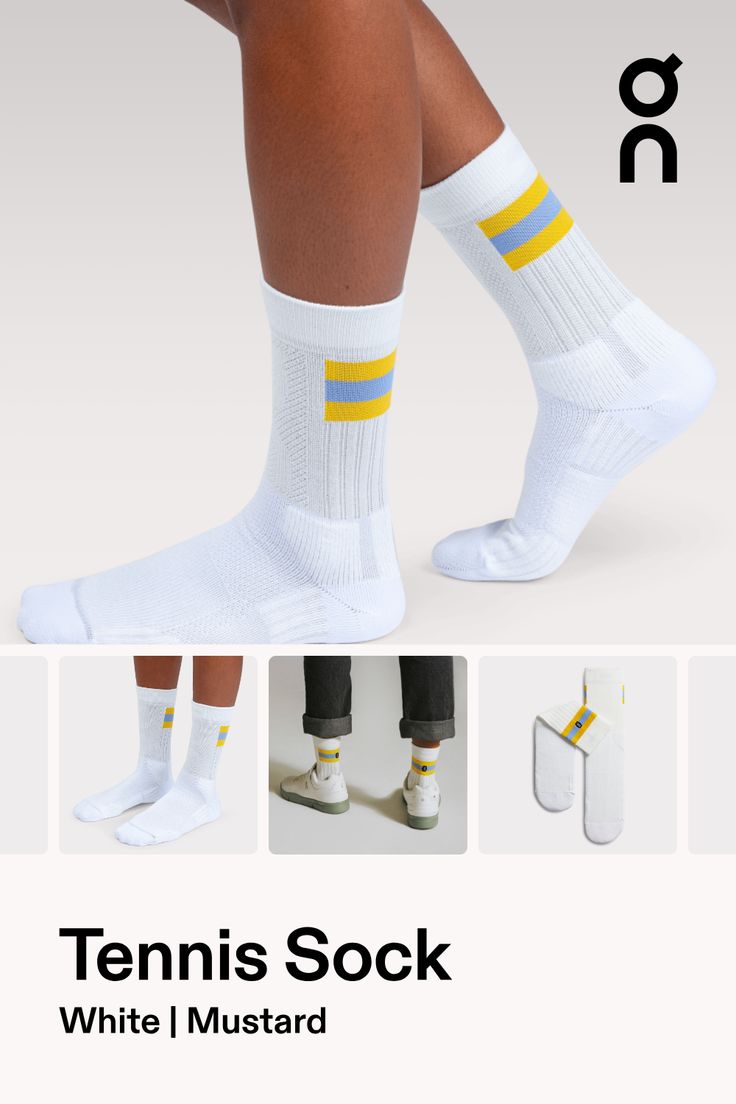 A tennis-inspired sock that provides support, comfort and climate-control. Pair with THE ROGER for extra style points | On Women's Tennis Sock in White/Mustard, Size: 36-37. Superior comfort, breathability, all-day wear Active Life, Travel. Performance All Day | Polyamide/Polyester Mustard Accessories, Tennis Socks, Running Socks, Ankle Support, Womens Tennis, Active Life, Climate Control, Athletic Socks, Sport Socks