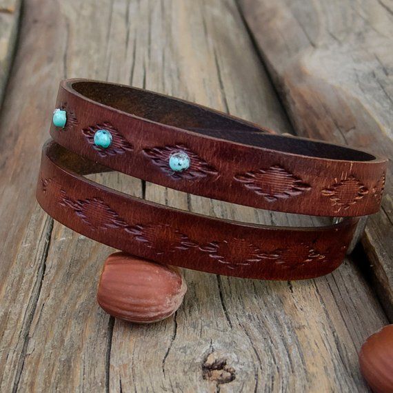 Men's leather bracelet, Tribal leather bracelet with natural Tibetan Turquoise, Navajo style, Wrap a Adjustable Western Leather Bracelet For Festivals, Southwestern Style Brown Concho Bracelets, Southwestern Adjustable Brown Leather Bracelet, Southwestern Hand-tooled Brown Bracelets, Southwestern Hand Tooled Brown Cuff Bracelet, Brown Bohemian Leather Bracelet With Concho, Adjustable Turquoise Leather Bracelet In Rustic Style, Southwestern Adjustable Leather Cuff Bracelet, Hand Tooled Leather Bracelets For Festivals