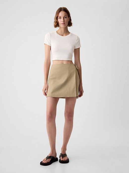 Linen-Cotton Wrap Mini Skirt Linen Skirt Outfit, Customized Clothes, Linen Mini Skirt, Skirt Aesthetic, Cotton Mini Skirt, Work Fits, Tan Skirt, Khaki Skirt, Wrap Mini Skirt