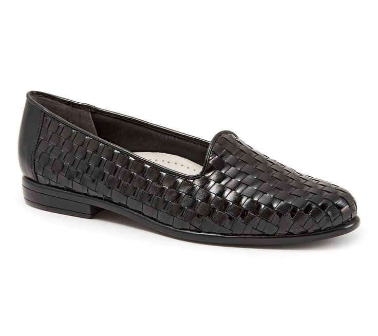 From casual outings to in-office days to after-work errands, this classic woven leather flat balances comfort with sophistication. From Trotters. Classic Woven Leather Loafers, Leather Flats With Woven Sole For Fall, Elegant Woven Leather Loafers For Spring, Classic Leather Flats With Woven Sole, Classic Woven Leather Loafers For Work, Casual Synthetic Flats For Business, Business Casual Synthetic Flats, Woven Leather Loafers For Work, Formal Woven Leather Flats With Round Toe