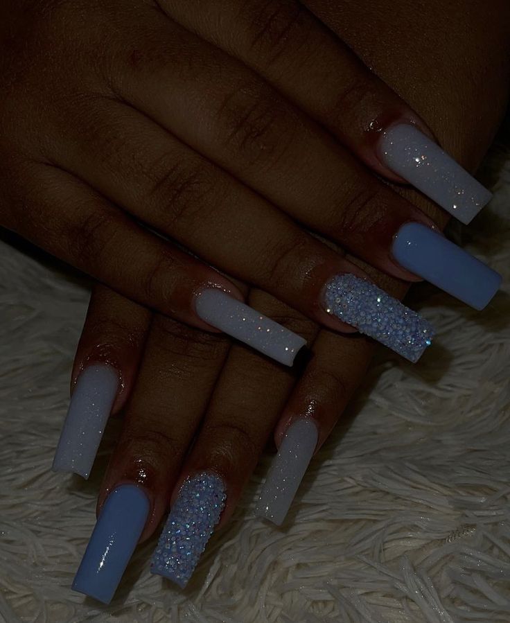 Basic Nail Designs Acrylic, Winter Nails Blue Acrylic, Birthday Nails Coffin Glitter, Light Blue Butterfly Nails Acrylics, Glitter Blue Nail Designs, Blue Acrylic Birthday Nails, 21st Birthday Nails Blue, Nail Ideas Acrylic Light Blue, Sweet 16 Nails Acrylic Blue