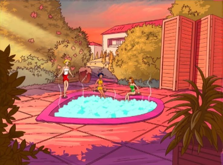 an animated image of people playing in a pool