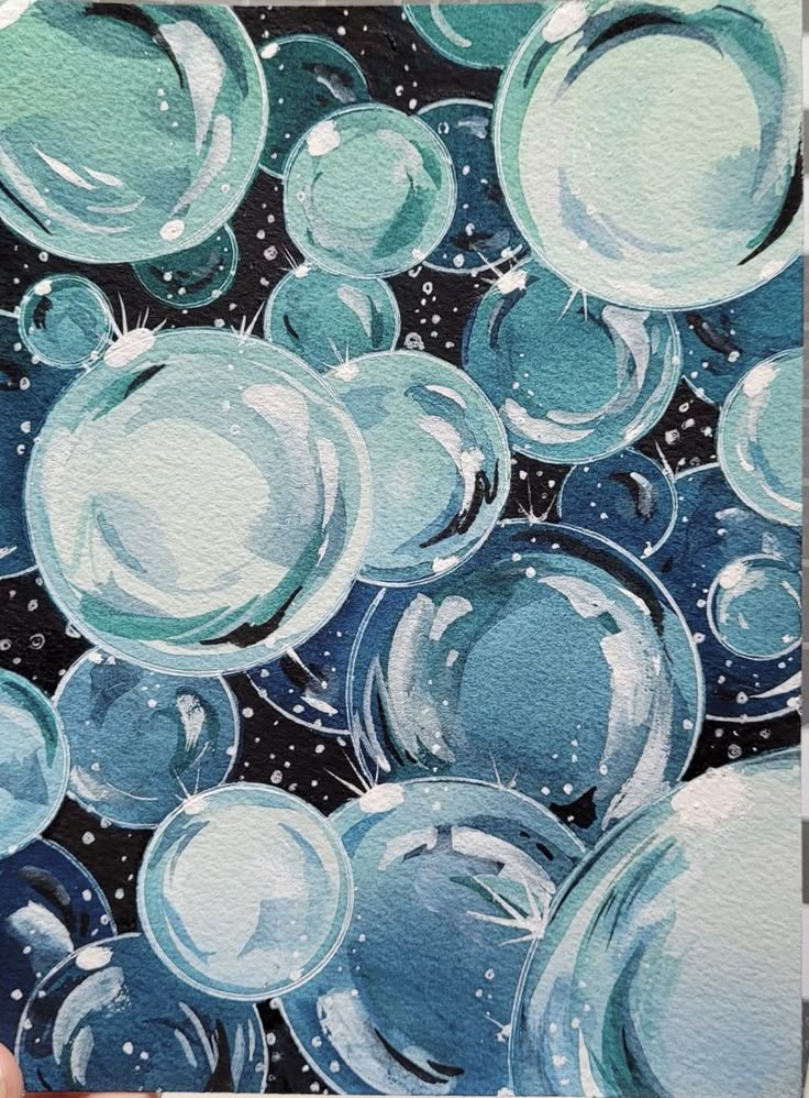 a painting of blue and white bubbles in watercolor on black paper, with space behind it