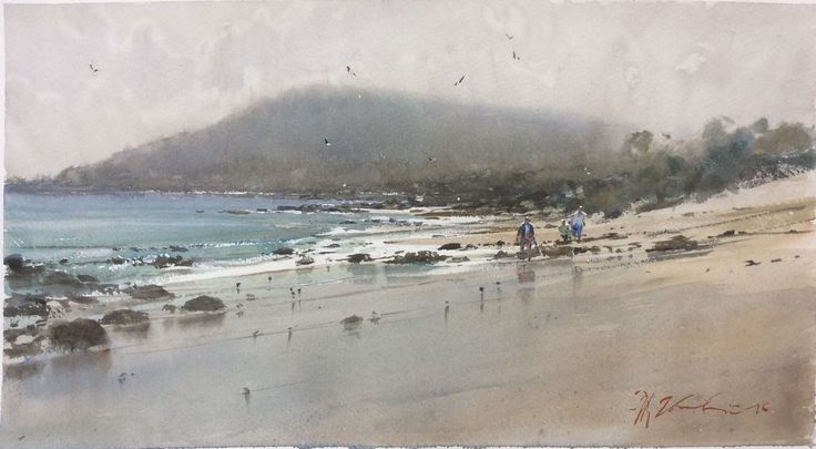 watercolor painting of people walking on the beach