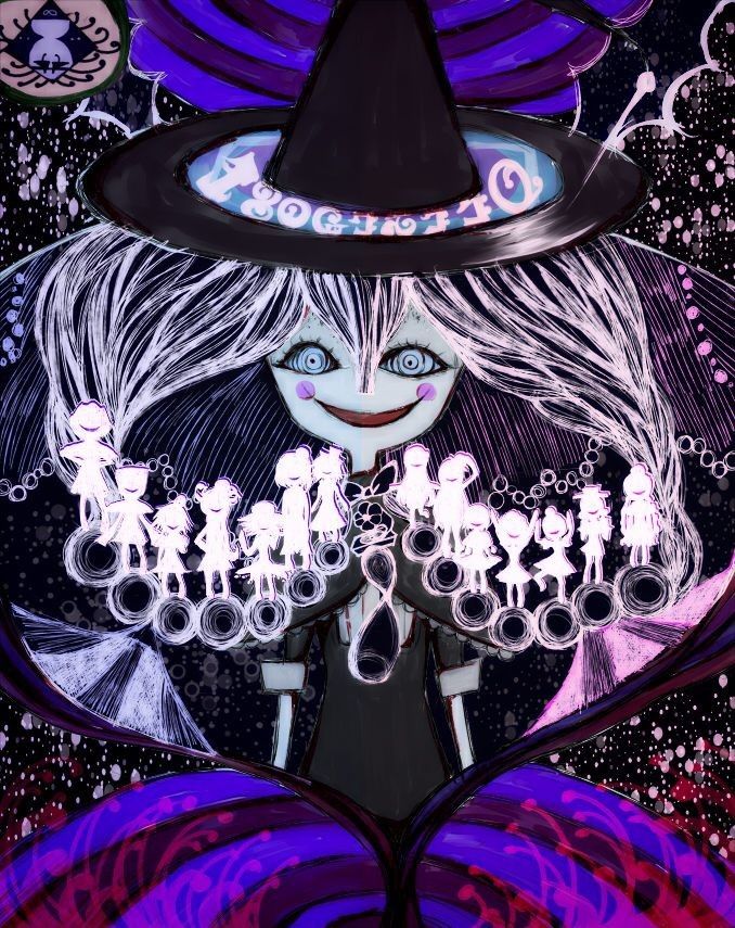 an illustration of a woman with long hair wearing a witches hat and surrounded by circles