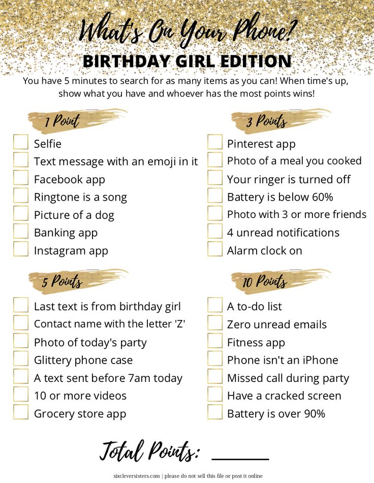 what's on your phone? birthday girl edition checklist with gold glitter background