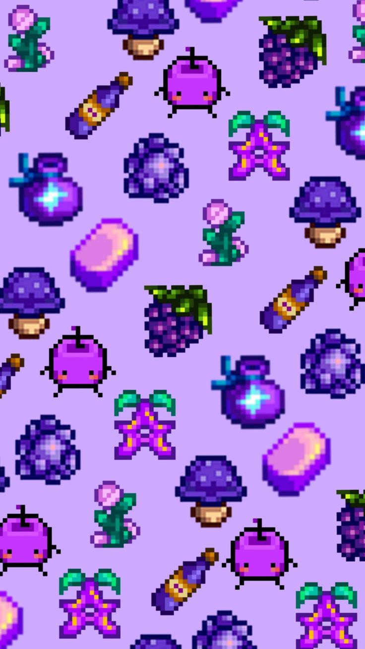 Pixel Art Ideas Junimo Stardew Valley Wallpaper, Purple Stardew Valley, Cute Game Wallpaper, Stardew Background, Stardew Valley Phone Wallpaper, Stardew Valley Lockscreen, Stardew Wallpaper, Purple Theme Wallpaper, Stardew Valley Background