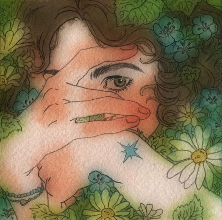 a drawing of a woman with tattoos on her face and hands in front of flowers