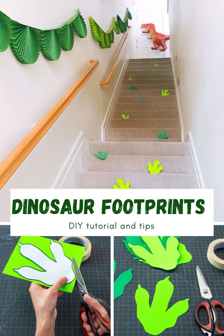 the steps are decorated with dinosaur footprints and paper leaves