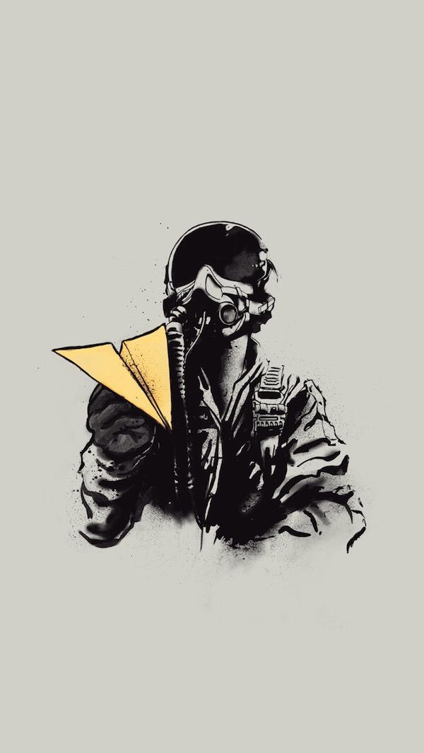 a drawing of a man with a paper airplane in his hand and wearing a gas mask