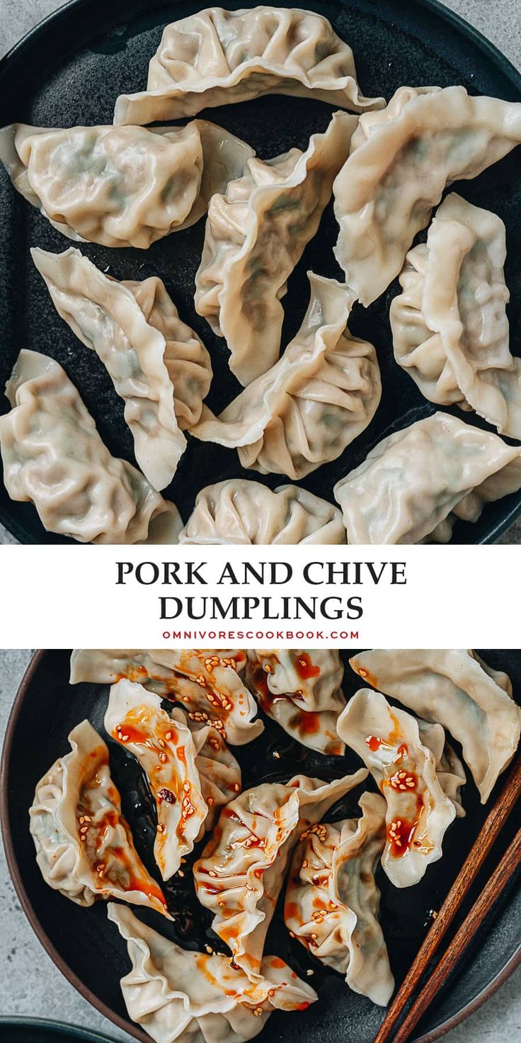 pork and chive dumplings with chopsticks in a black bowl on a table