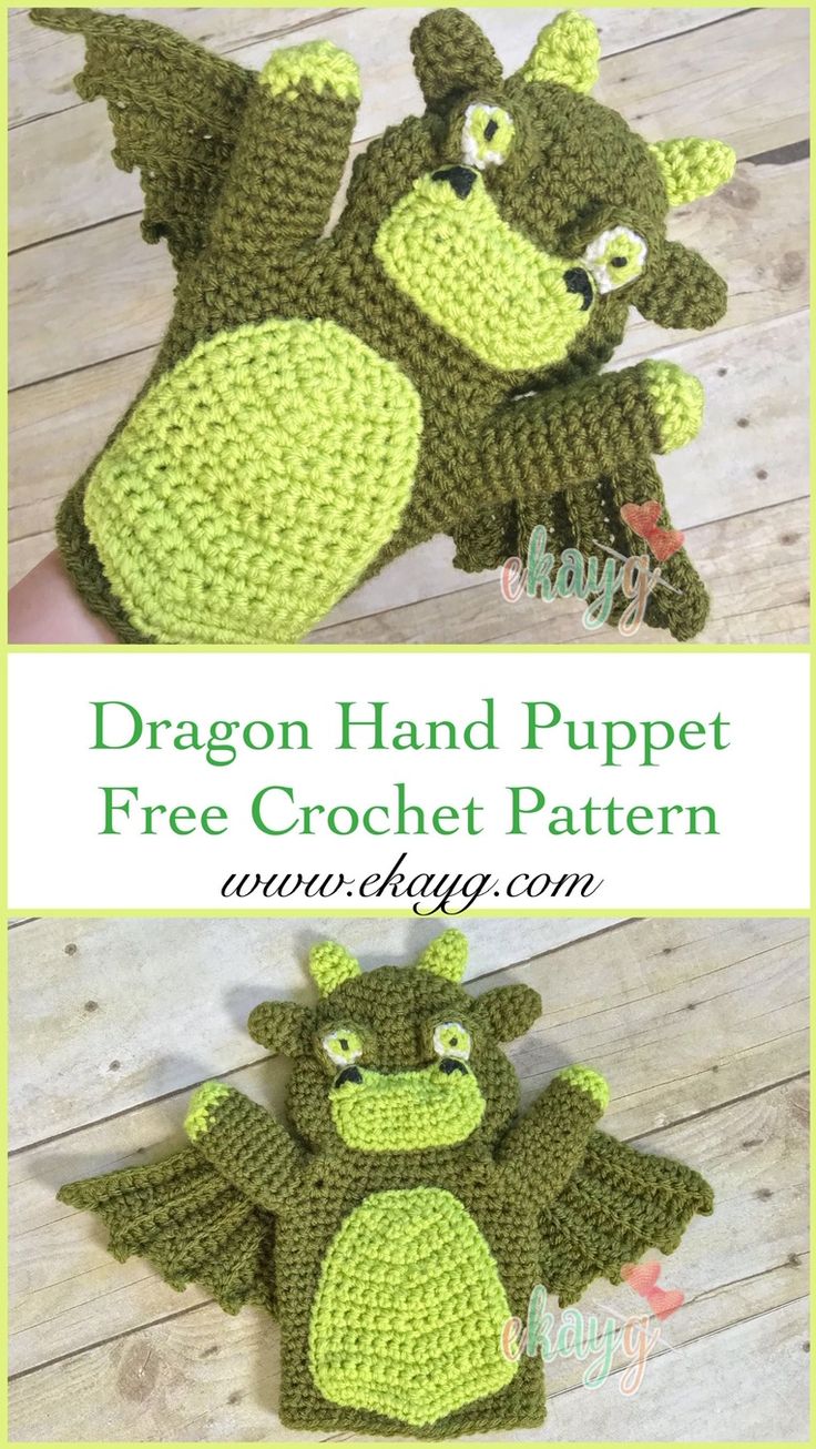 two crocheted dragon hand puppets are shown with the text dragon hand puppet free crochet pattern