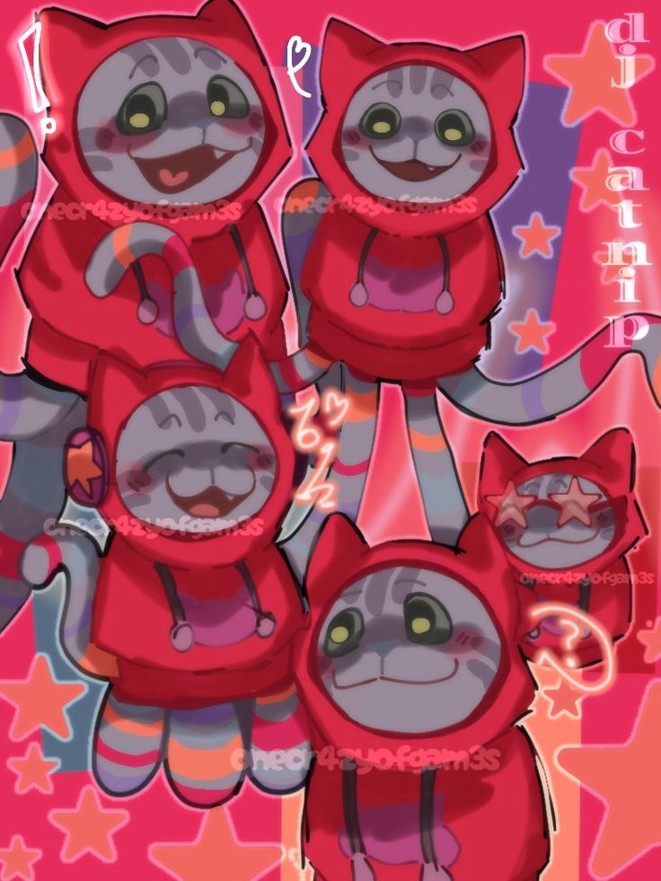 three red cats are standing in front of a pink background with stars and hearts on it