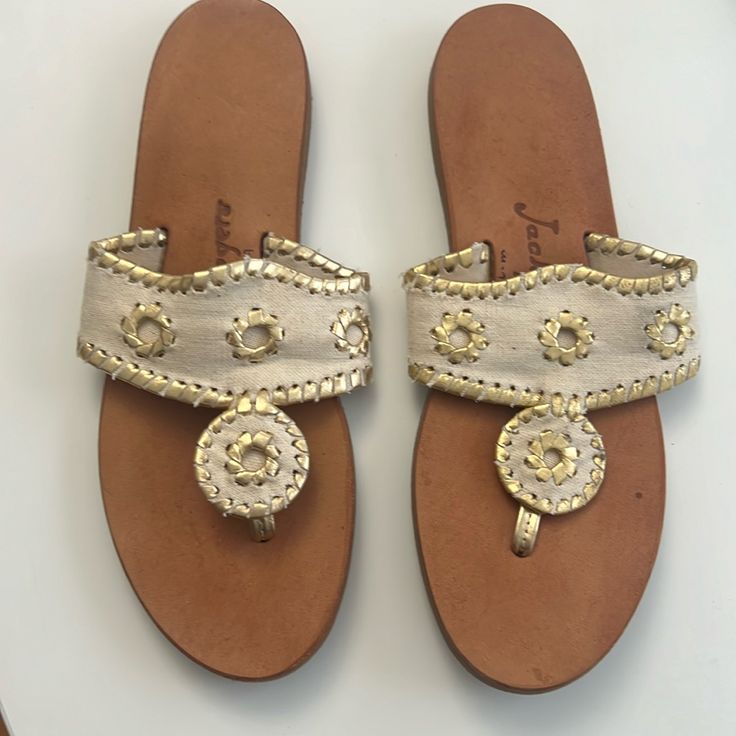 Jack Rogers Sandals Ecru/Gold Beige Closed Toe Sandals For Vacation, Beige Closed Toe Summer Sandals, Cream Closed Toe Sandals For Summer, Cream Open Toe Sandals For Summer Outings, Beige Round Toe Flip Flops, Cream Toe Post Sandals For Spring, Chic Cream Toe Post Sandals, Cream Open Toe Summer Sandals, Spring Cream Toe Post Sandals