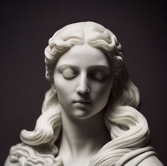 a white statue with long hair and eyes closed