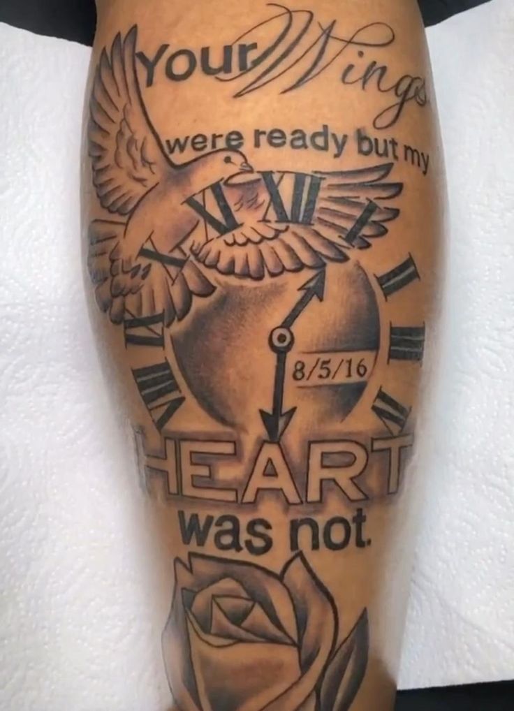 a man with a tattoo on his leg that says you are ready but my heart was not