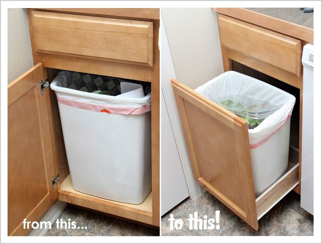 two pictures of trash cans in the corner of a cabinet