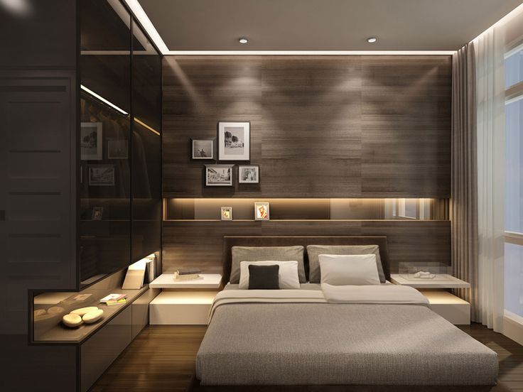 a modern bedroom with wood paneling and white bedding, along with pictures on the wall