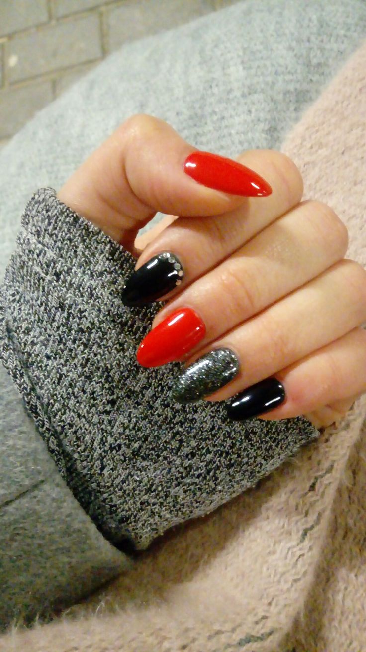 #nails #black #red #silver Red And Black Fingernails, Red Black Silver Nails Design, Black Silver Red Nails, Red And Black Nails Acrylic Short, Black And Red Nails For Prom, Red And Black Winter Nails, Cruella Inspired Nails, Black Silver And Red Nails, Black And Red Holiday Nails