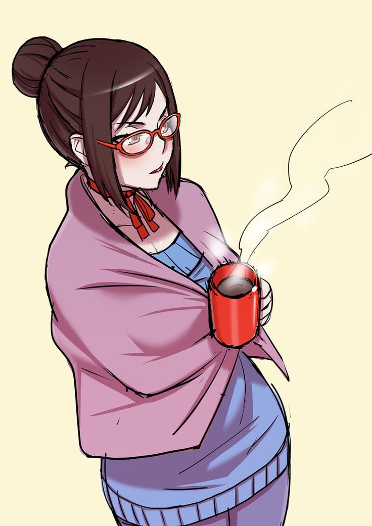 a drawing of a woman holding a red cup with steam coming out of her mouth