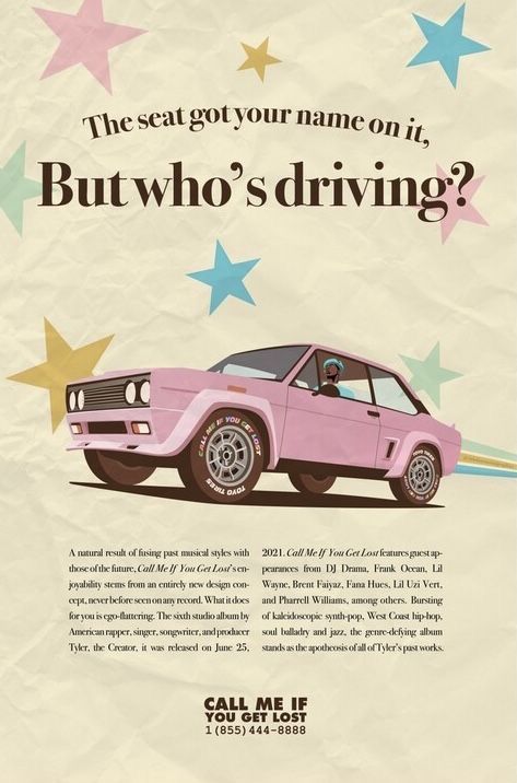 an advertisement for a pink car with stars in the background and text that reads,'the seat got your name on it, but who's driving?