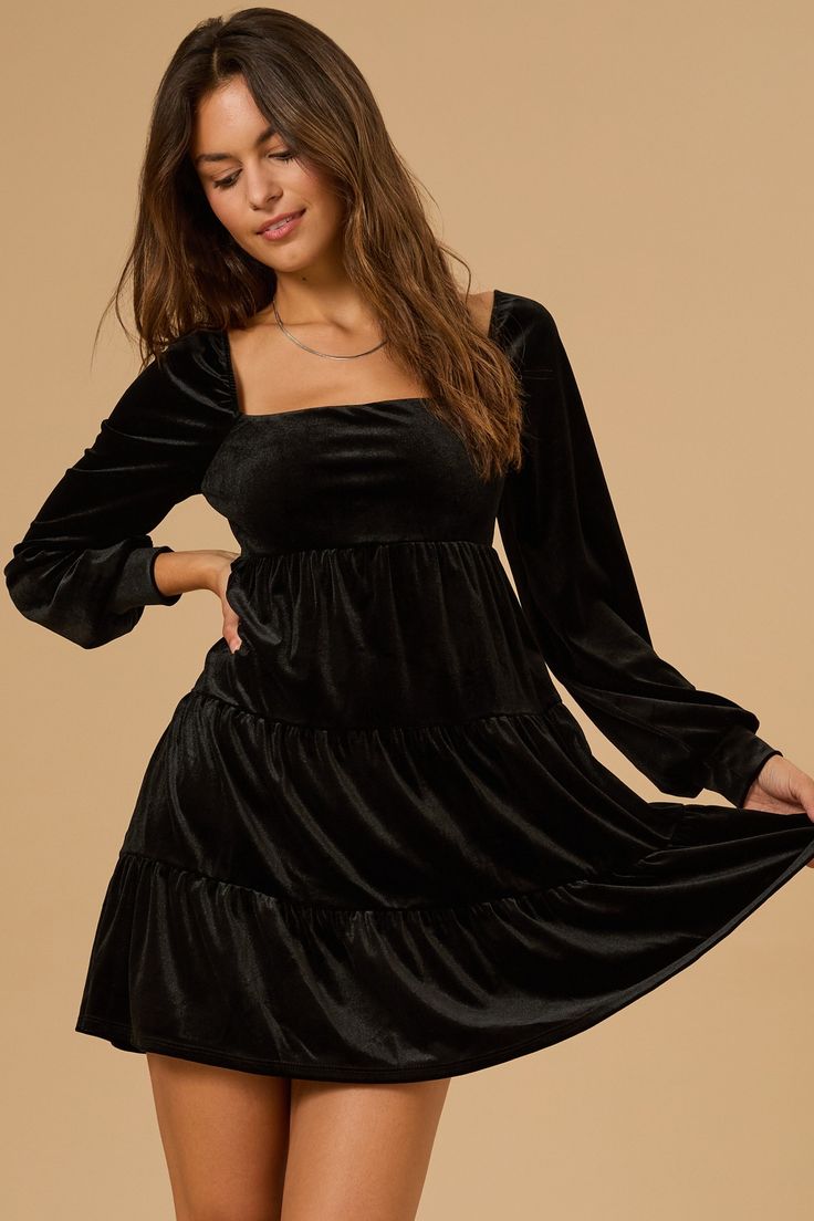 Melody Velvet Dress in Black | Altar'd State Fall Velvet Dress For Date Night, Mini Velvet Dresses For Fall, White Dress Skirt, Hoco Dresses Long Sleeve, Hoco Dresses Long, 27 Dresses, Long Sleeve Velvet Dress, Evening Gown Dresses, Outfit Inspo Casual