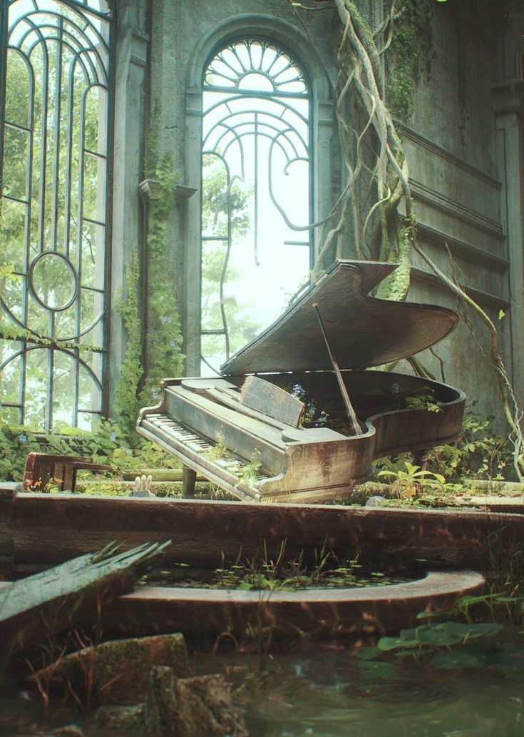 an old piano sitting in the middle of a room with ivy growing all over it