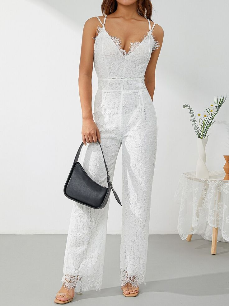 Pattern : pencil pants Type : JUMPSUITS Pant Length(cm) : full length Fabric content : 81% (inclusive) - 90% (inclusive) Release Date : Summer 2022 Thickness : Standard Waist Type : high Age : Ages 35-45 Years Old Length : Ankle-Length Pants Place Of Origin : China (mainland) Fabric Type : Broadcloth Item Type : JUMPSUITS Pattern Type : Solid Gender : WOMEN Style : Casual Model Number : Women Romper Material : POLYESTER Decoration : Lace Fit Type : SKINNY Brand Name : Thefound Women Elegant Jumpsuit, Spaghetti Straps V Neck Solid Color Lace Open Back Wide-leg Jumpsuits Long Playsuit Specification Item Type: Jumpsuit Applicable Gender: Female Applicable Age Range: Adult Fabric: Lace Color: Black/White Pattern: Solid Color, Lace Size: S, M, L, XL Size(cm) S Bust: 84 Length: 143.5 Waist: 68 H Chic White Backless Jumpsuit, White Fitted Strapless Sleeveless Jumpsuit, White High Waist Fitted Strapless Jumpsuit, Chic White High Waist Jumpsuits And Rompers, White High Waist Strapless Jumpsuit For Spring, White High Waist Jumpsuits And Rompers For Night Out, White High-waist Jumpsuits And Rompers For Night Out, White High-waisted Strapless Jumpsuit For Spring, White High Waist Strapless Jumpsuit For Party