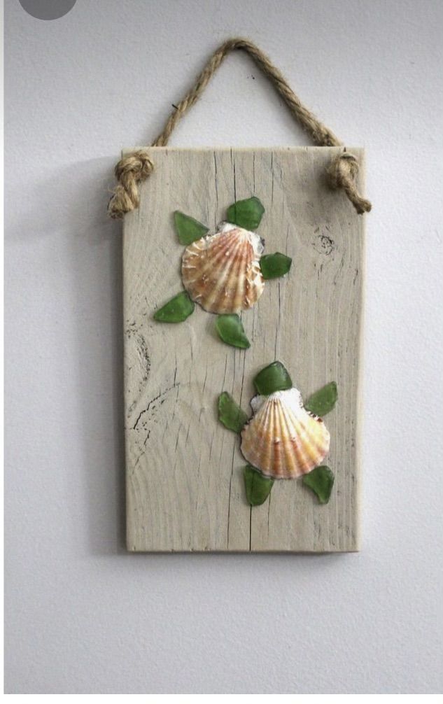 two seashells with green leaves are hanging on a wall