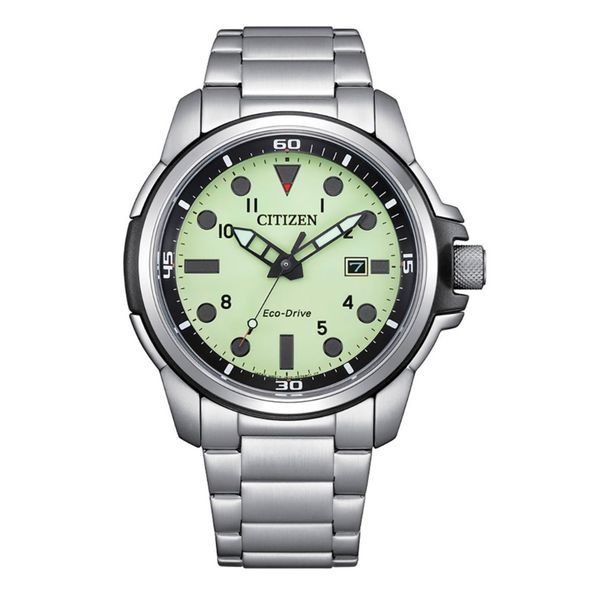 This Citizen Sea Land collection men's watch has a stainless steel barrel shaped case. The bracelet is made of stainless steel with double safety clasp. Dialluminous G300 offers legibility in any environment, green color, hands and markings with luminous. ABS steel fixed bezel. Mineral crystal, Eco Drive J810 movement with 8 months power reserve and analog display. Water resistance: 10 ATM. Diameter: 44 mm. Functions: Three hands and calendar. Green Watch Accessories With Round Dial For Outdoor, Green Stainless Steel Watch Accessories With Round Dial, Green Stainless Steel Watch Accessories, Green Watches With Metal Dial For Outdoor, Green Outdoor Watches With Metal Dial, Modern Green Watch With Rectangular Dial, Green Outdoor Watch With Metal Dial, Modern Green Stainless Steel Watch Accessories, Modern Green Watch Accessories With Rectangular Dial