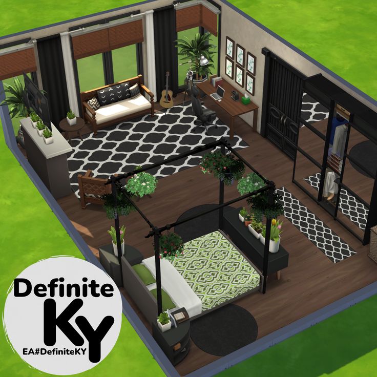 Functional in gameplay. Download from Patreon or EA gallery #DefiniteKY2 Sims 4 Big Bedroom Ideas, Sims 4 Base Game Bedroom Ideas, Sims Bedroom Ideas Base Game, Sims 4 Living Room Ideas Base Game, Sims 4 Base Game Room Ideas, Game Bedroom Ideas, Sims 4 Base Game, Sims Rooms, Gamer Decor