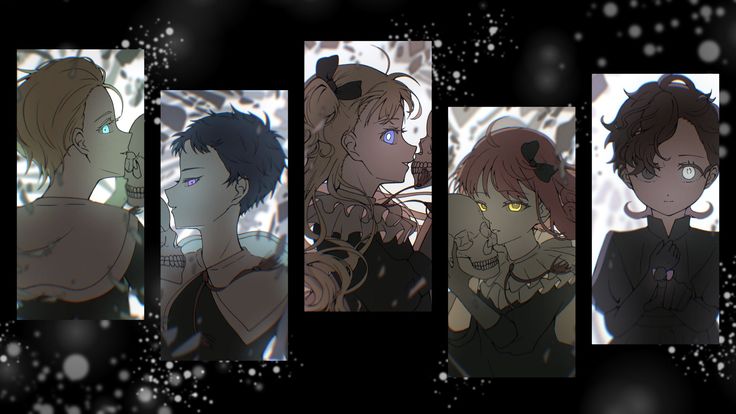 four different images of an anime character with blue eyes and brown hair, in front of snow flakes