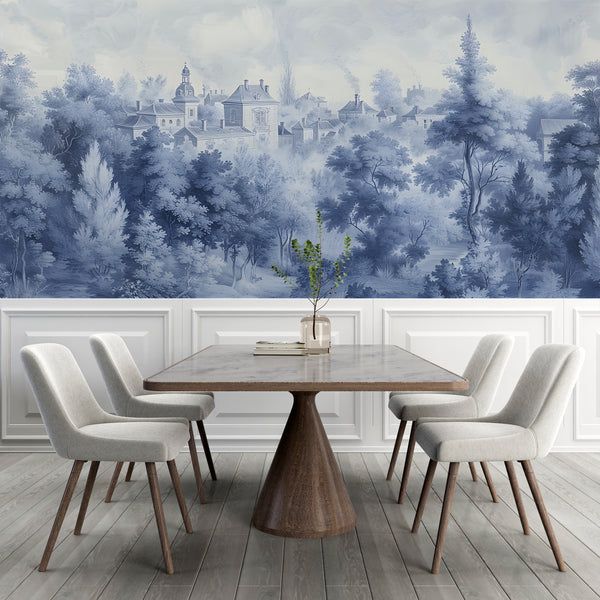 a dining room table with four chairs and a wall mural