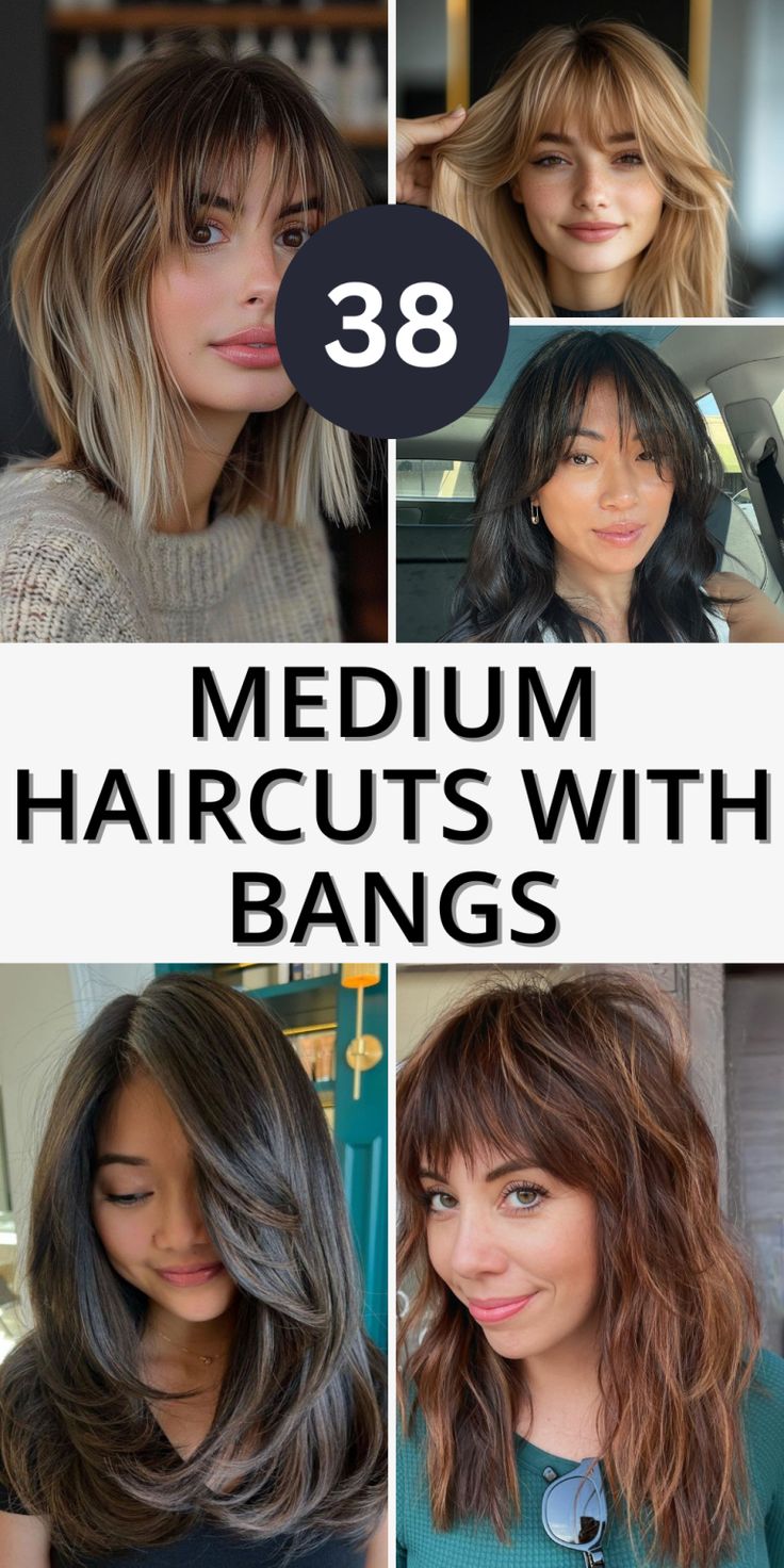 Top 38 Medium Haircuts with Bangs – Fresh Styles for Women Medium Haircut Layers Shoulder Length, Medium Length With Wispy Bangs, Medium Length Haircut Oval Face Bangs, Mid Length Hairstyles With Curtain Bangs, Round Face Haircuts Medium With Bangs, Medium Length Haircut With Fringe Bangs, Long Bangs Shoulder Length Hair, Haircut Medium Hair Layers, Medium Length Wispy Bangs With Layers