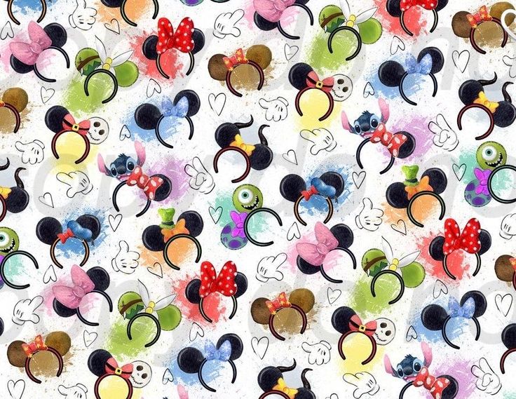 mickey and minnie mouse heads on white fabric with multicolored dots, bows and hearts